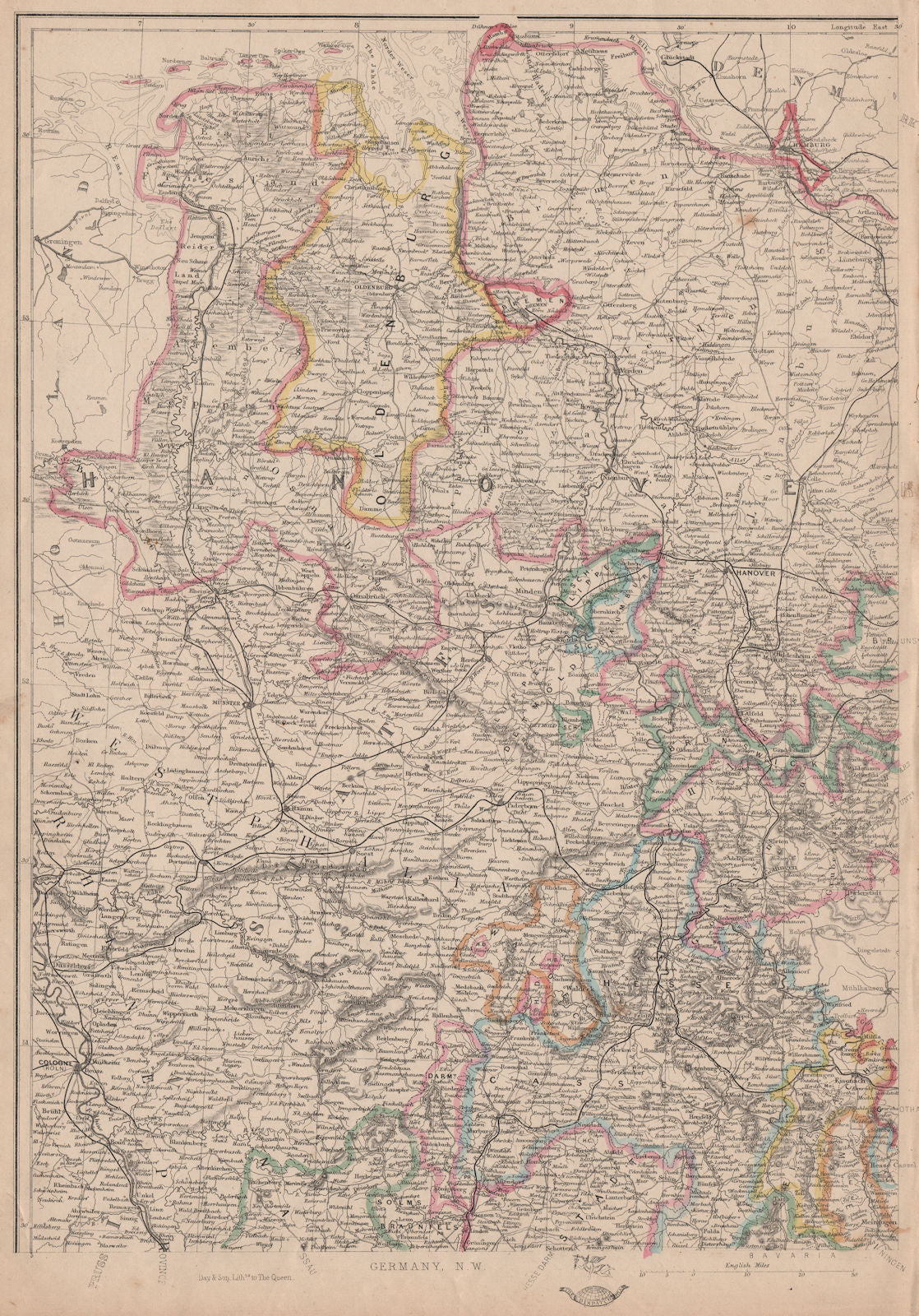 GERMANY NORTH WEST. Hanover Westphalia Oldenburg. Railways. JW LOWRY 1862 map